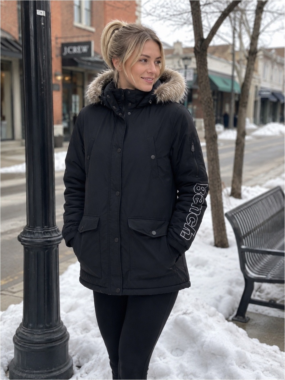 Bench Black Winter Parka Jacket Large Faux Fur Hood NWOT
